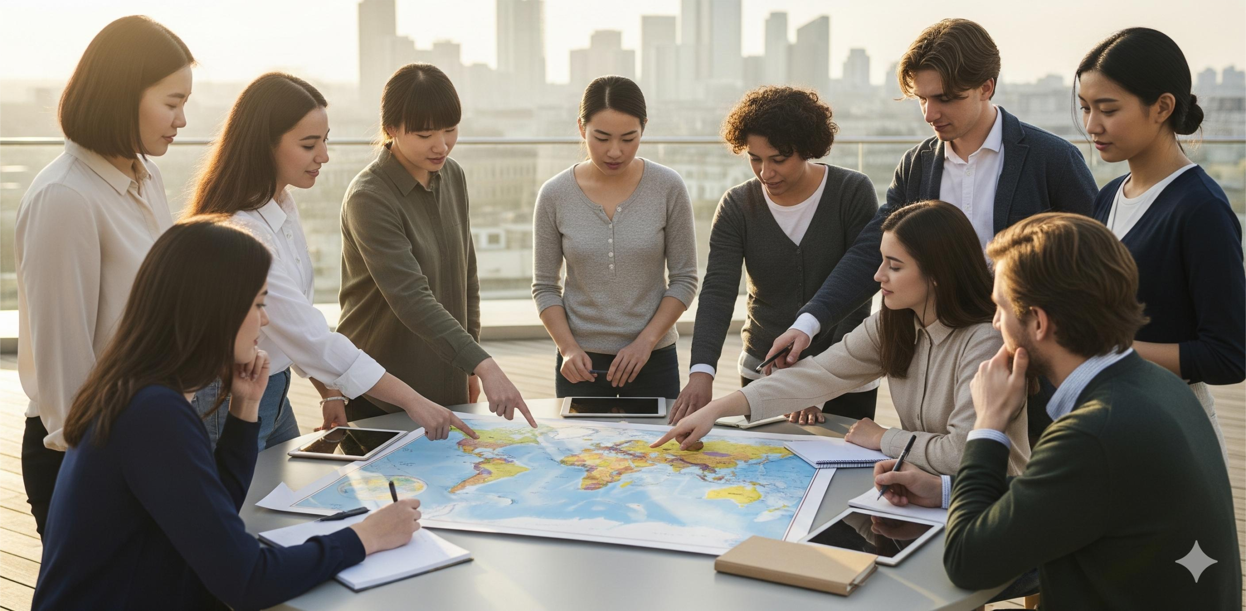 Diverse youth planning solutions together around a world map