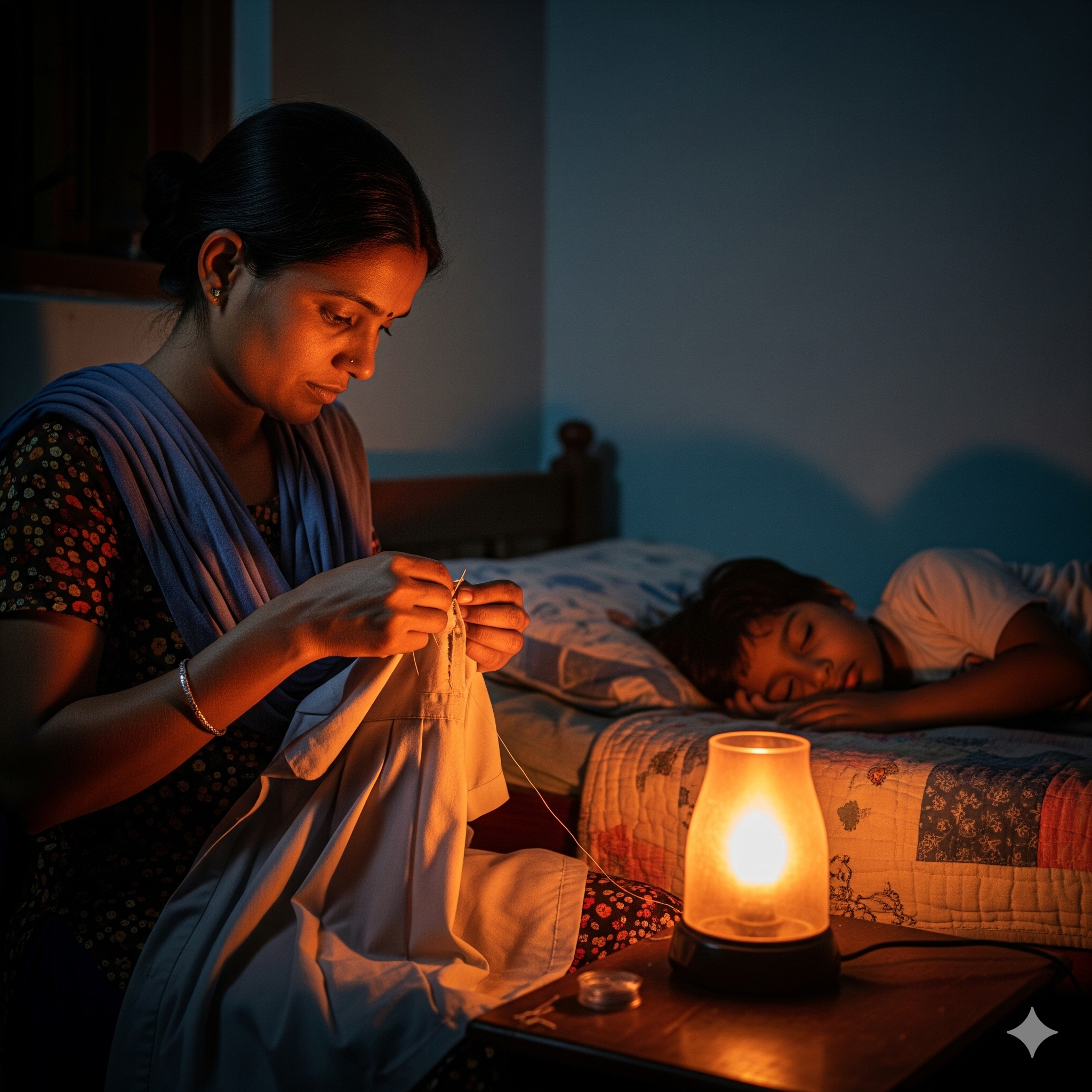A mother mends her child's school uniform late at night beneath warm lamplight