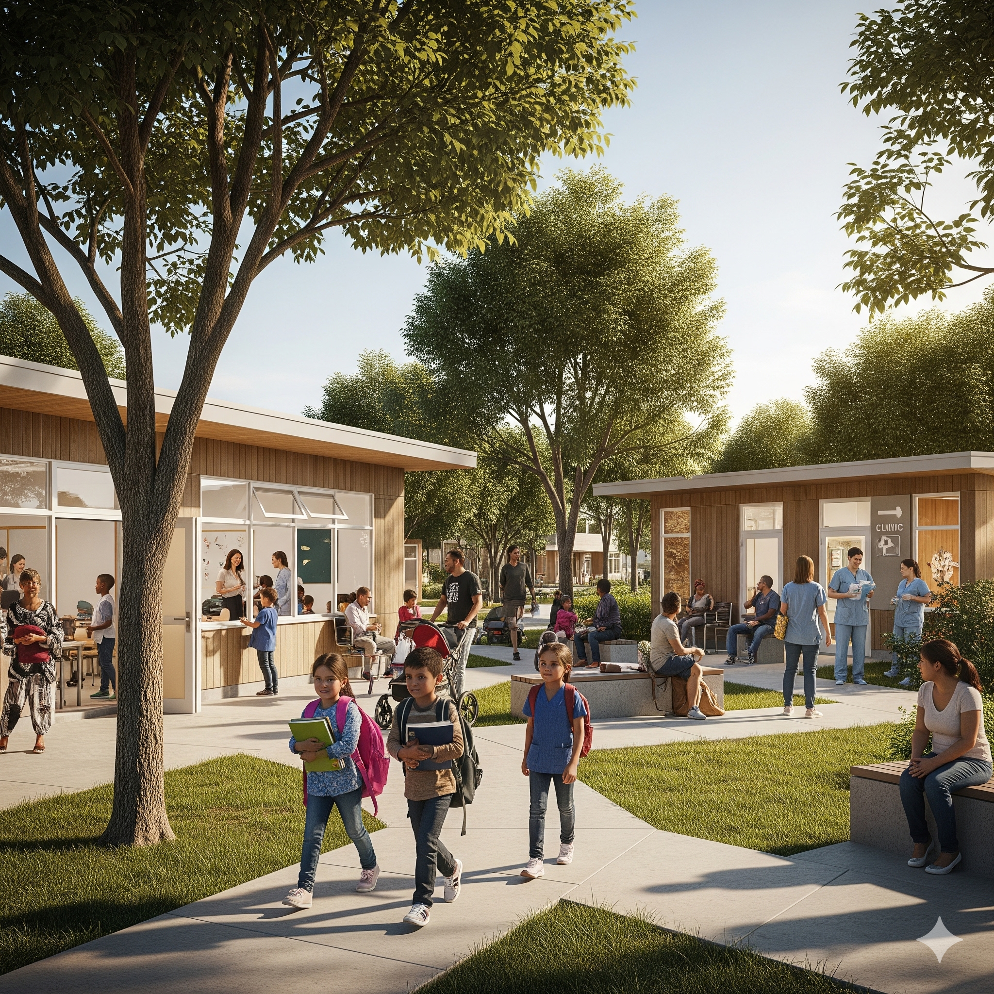 A thriving community — children walking to school, healthcare workers, families moving with dignity